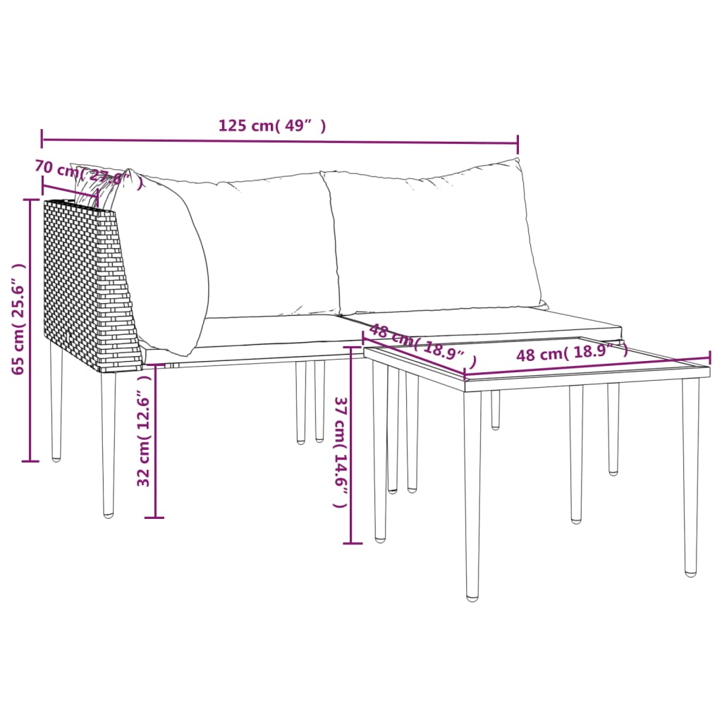 Set Divani da Giardino 3 pz con Cuscini in Polyrattan Grigio
