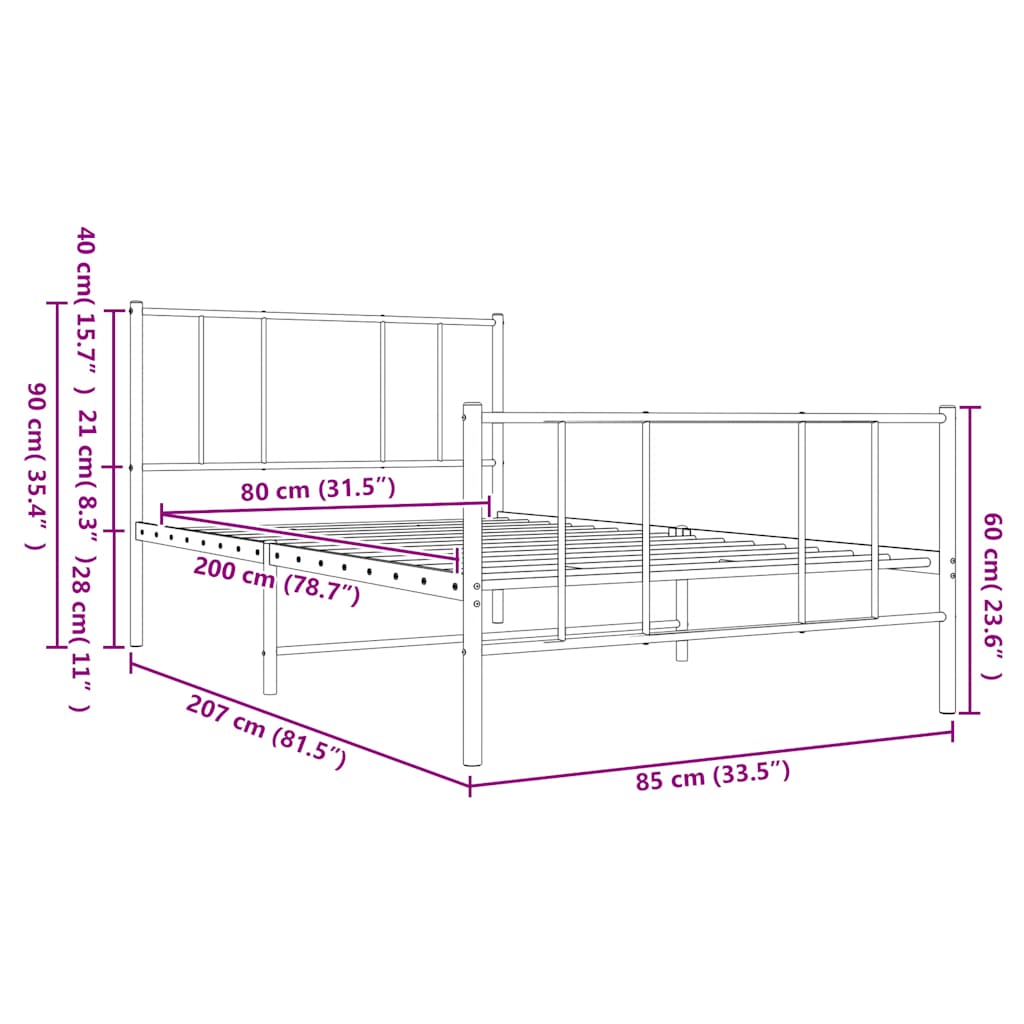 Giroletto con Testiera e Pediera Metallo Bianco 80x200 cm | homemem39