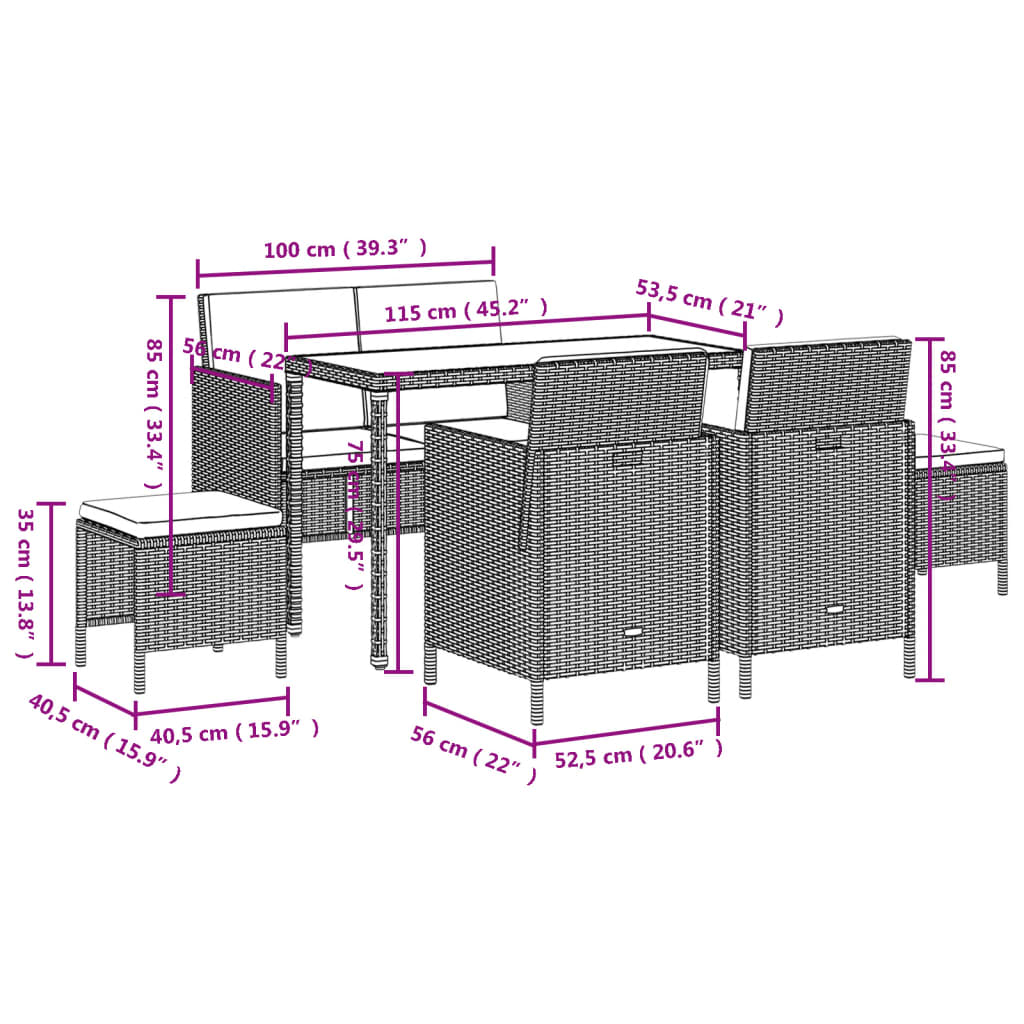 Set da Pranzo da Giardino 6pz con Cuscini in Polyrattan Marrone