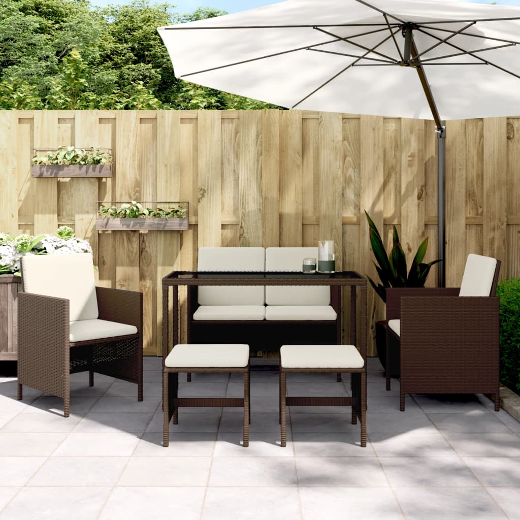 Set da Pranzo da Giardino 6pz con Cuscini in Polyrattan Marrone