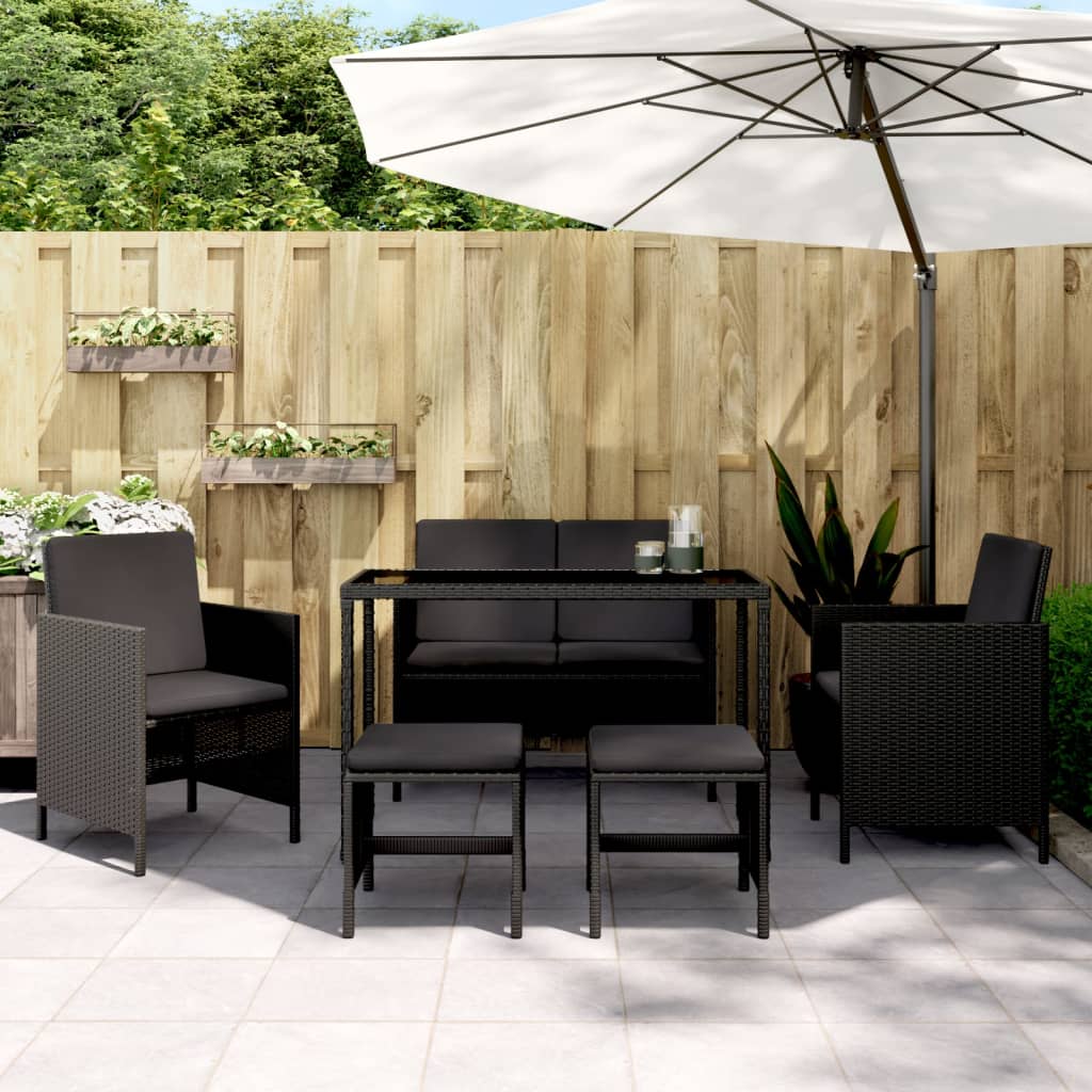 Set da Pranzo da Giardino 6 pz con Cuscini Nero in Polyrattan