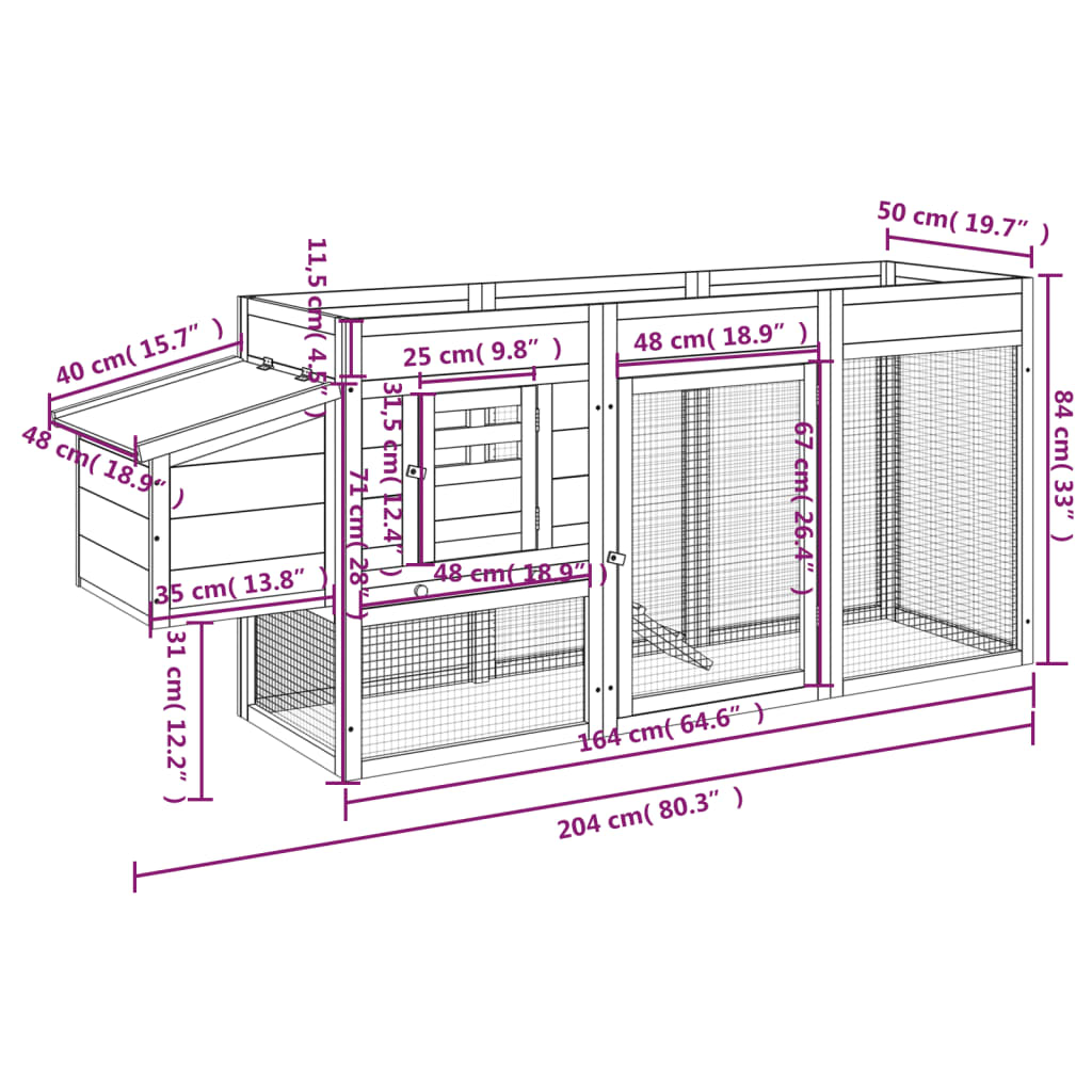 Pollaio Moka 204x50x84 cm in Legno Massello di Pino | homemem39