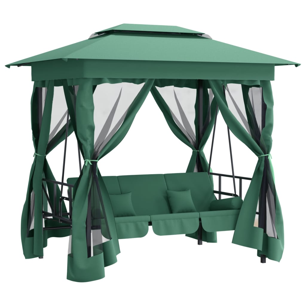 Gazebo con Panca a Dondolo Convertibile Verde Tessuto e Acciaio | homemem39