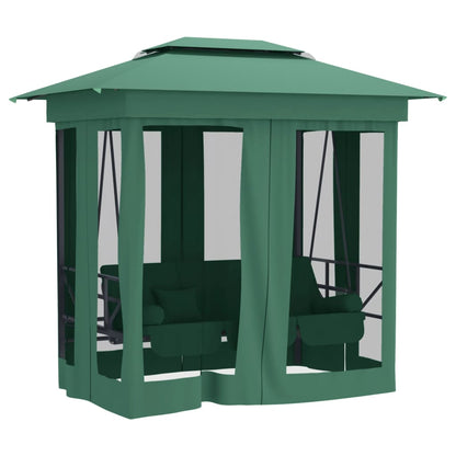 Gazebo con Panca a Dondolo Convertibile Verde Tessuto e Acciaio