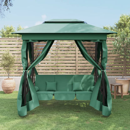 Gazebo con Panca a Dondolo Convertibile Verde Tessuto e Acciaio | homemem39