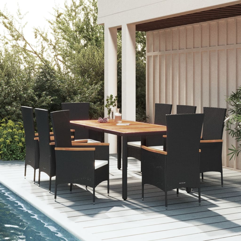 Set da Pranzo da Giardino 9 pz con Cuscini Nero in Polyrattan - homemem39