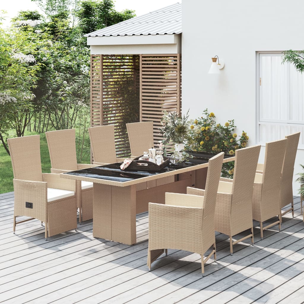 Set da Pranzo da Giardino 9 pz con Cuscini Beige in Polyrattan - homemem39