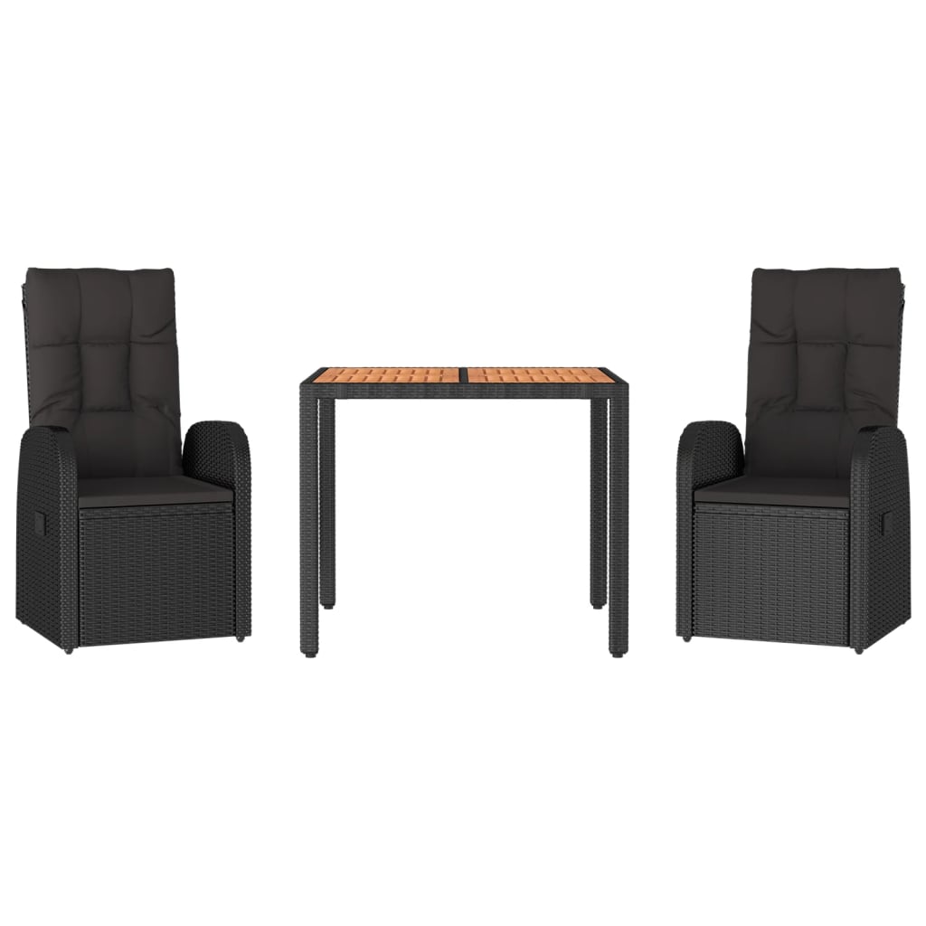 Set da Pranzo da Giardino 3 pz con Cuscini Nero in Polyrattan - homemem39