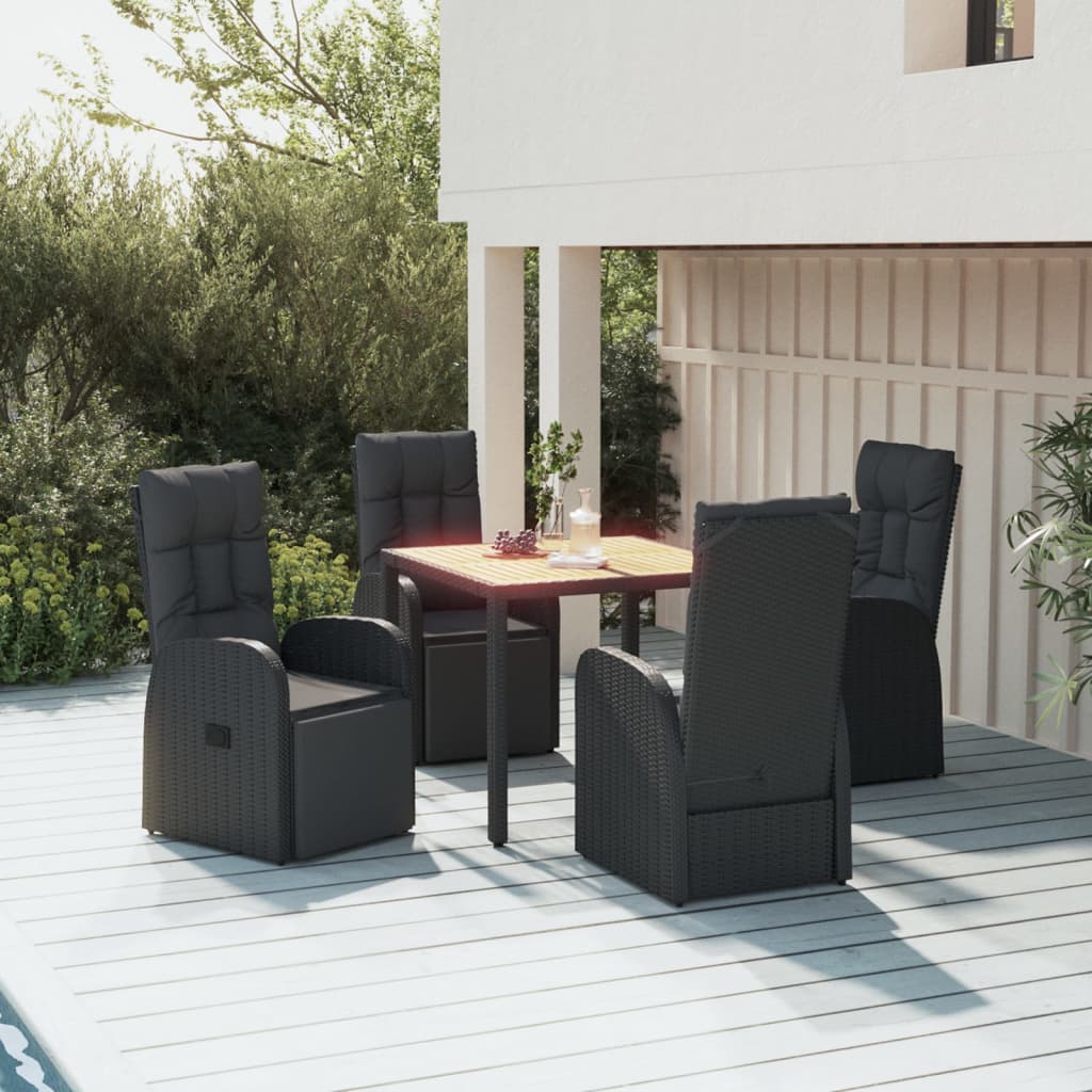Set Pranzo Giardino 5pz Nero Polyrattan Legno Massello Acacia | homemem39