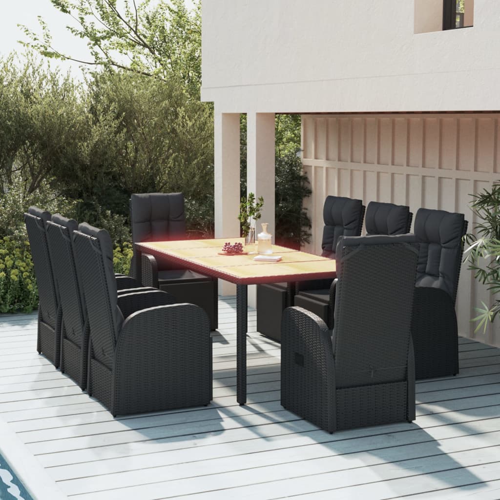 Set Pranzo Giardino 9pz Nero Polyrattan e Legno Massello Acacia | homemem39