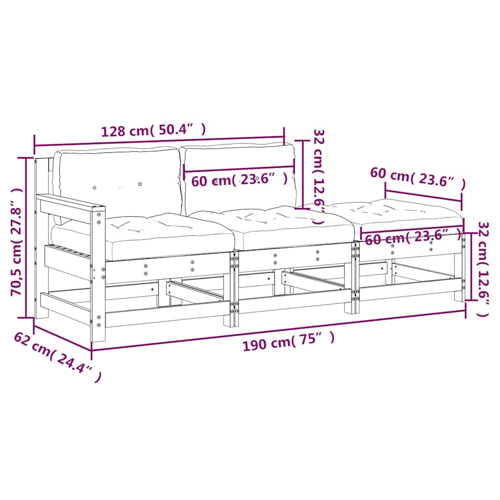 Set Divani da Giardino 3pz con Cuscini in Legno Massello Bianco | homemem39