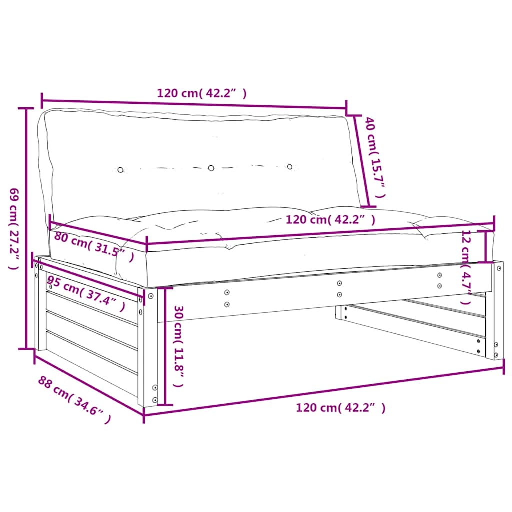 Divano Centrale 120x80 cm in Legno Massello di Pino Bianco | homemem39