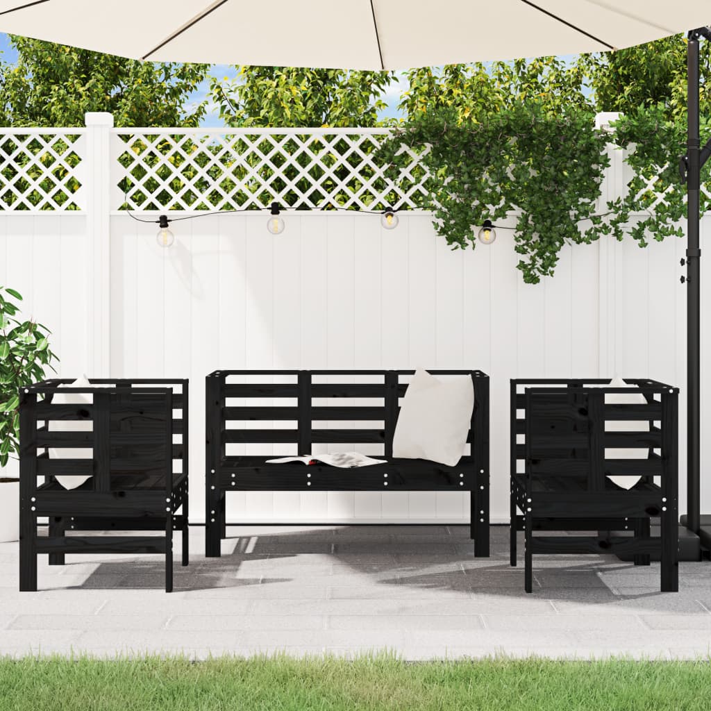 Set Salotto da Giardino 3 pz Nero in Legno Massello di Pino | homemem39
