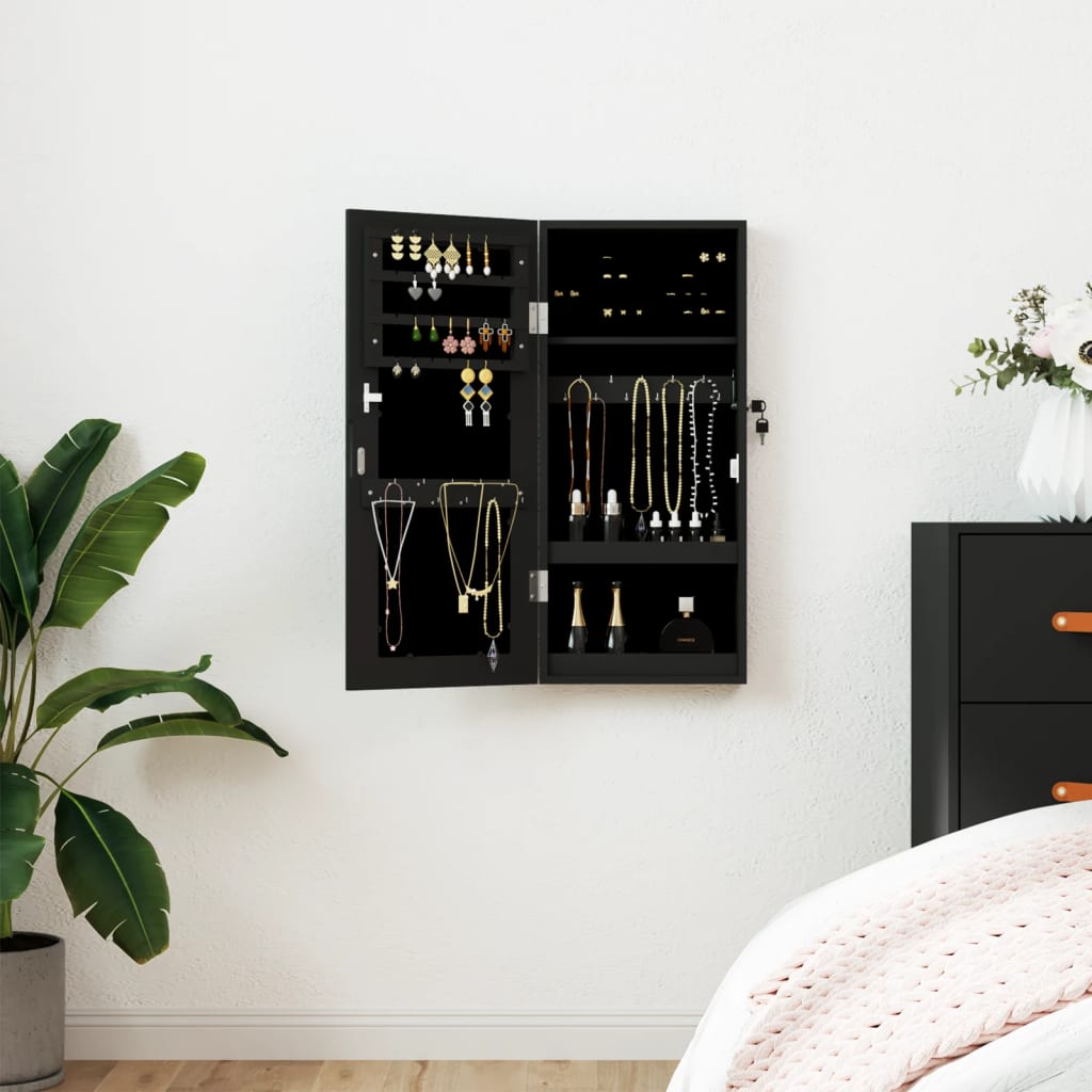 Armadio Portagioie con Specchio a Muro Nero 30x8,5x67 cm | homemem39
