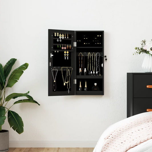 Armadio Portagioie con Specchio a Muro Nero 30x8,5x67 cm | homemem39