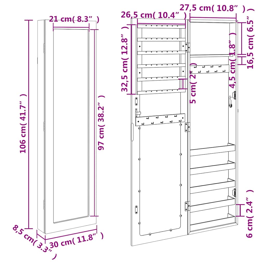 Armadio Portagioie con Specchio a Muro Bianco 30x8,5x106 cm | homemem39