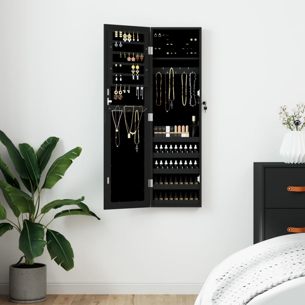 Armadio Portagioie con Specchio a Muro Nero 30x8,5x106 cm | homemem39