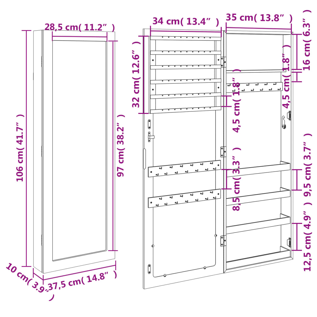 Armadio Portagioie con Specchio a Muro Nero 37,5x10x106 cm | homemem39