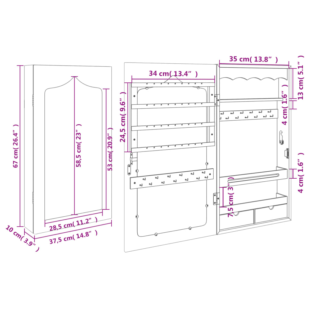 Armadio Portagioie con Specchio a Muro Nero 37,5x10x67 cm | homemem39