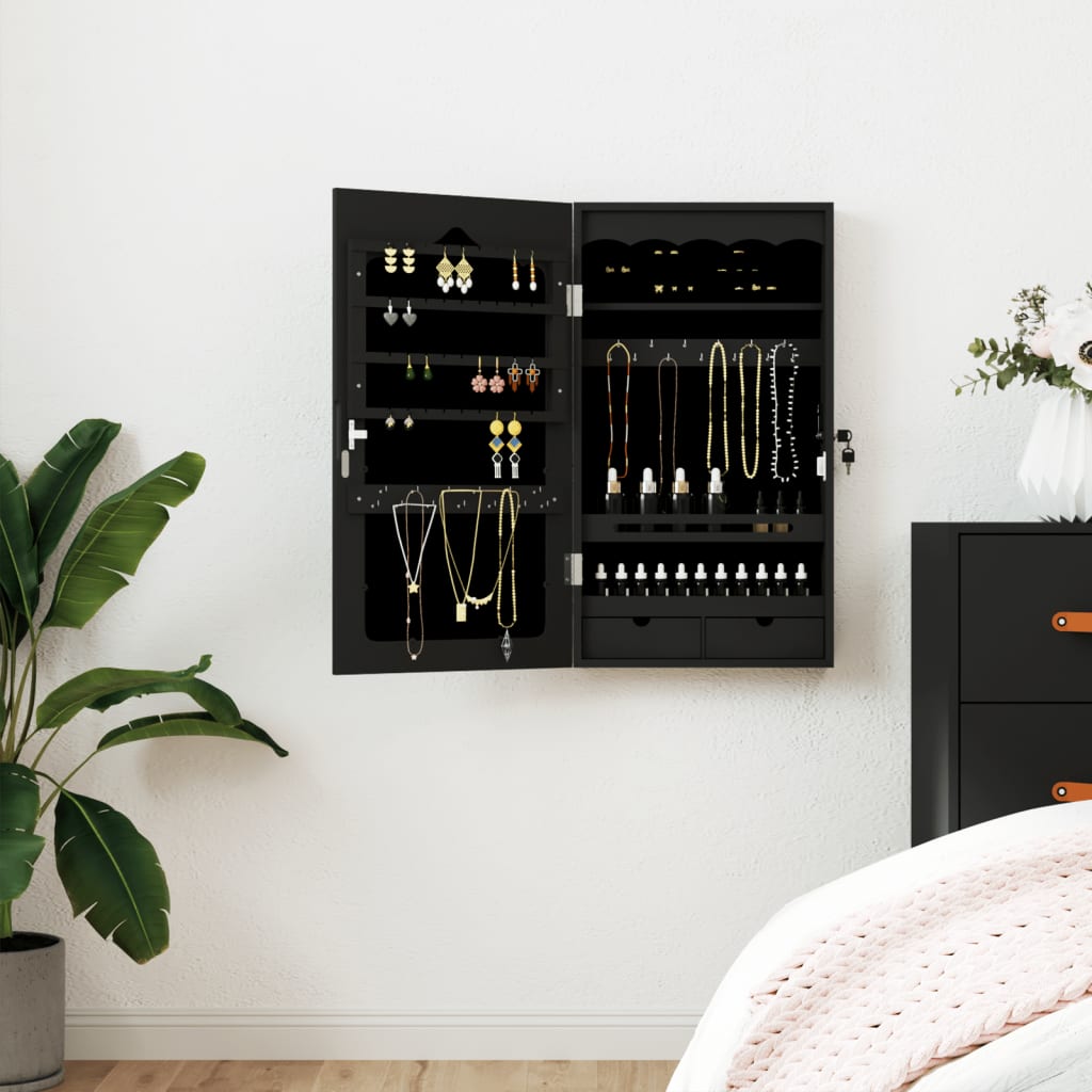 Armadio Portagioie con Specchio a Muro Nero 37,5x10x67 cm | homemem39