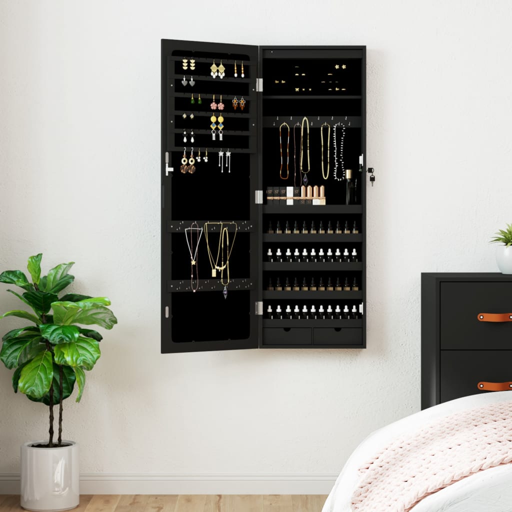Armadio Portagioie a Specchio con Luci LED a Parete Nero | homemem39