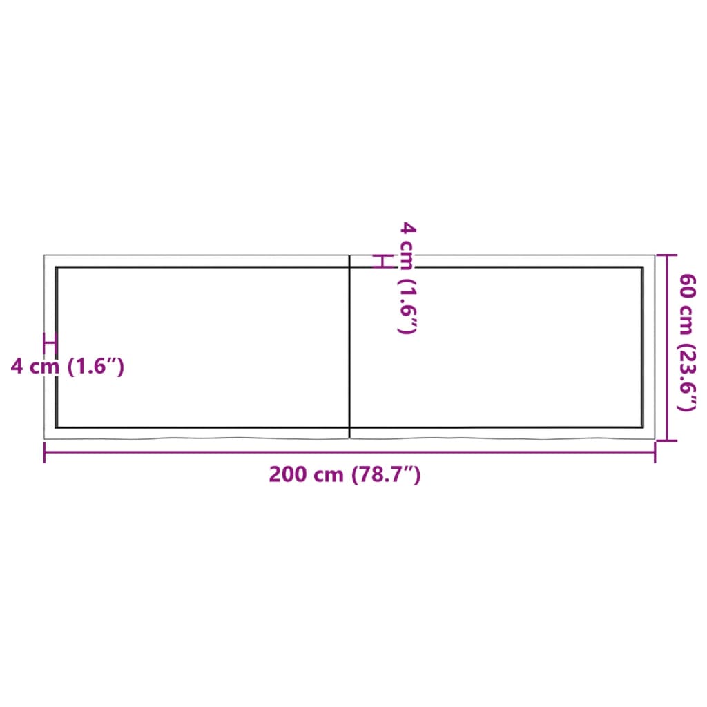 Ripiano a Parete 200x60x(2-4) cm Massello Rovere Non Trattato