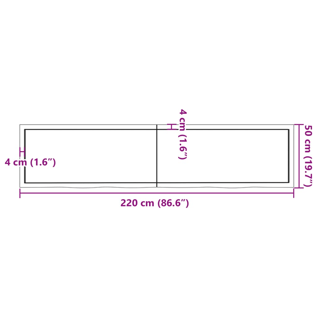 Ripiano a Parete 220x50x(2-4) cm Massello Rovere Non Trattato