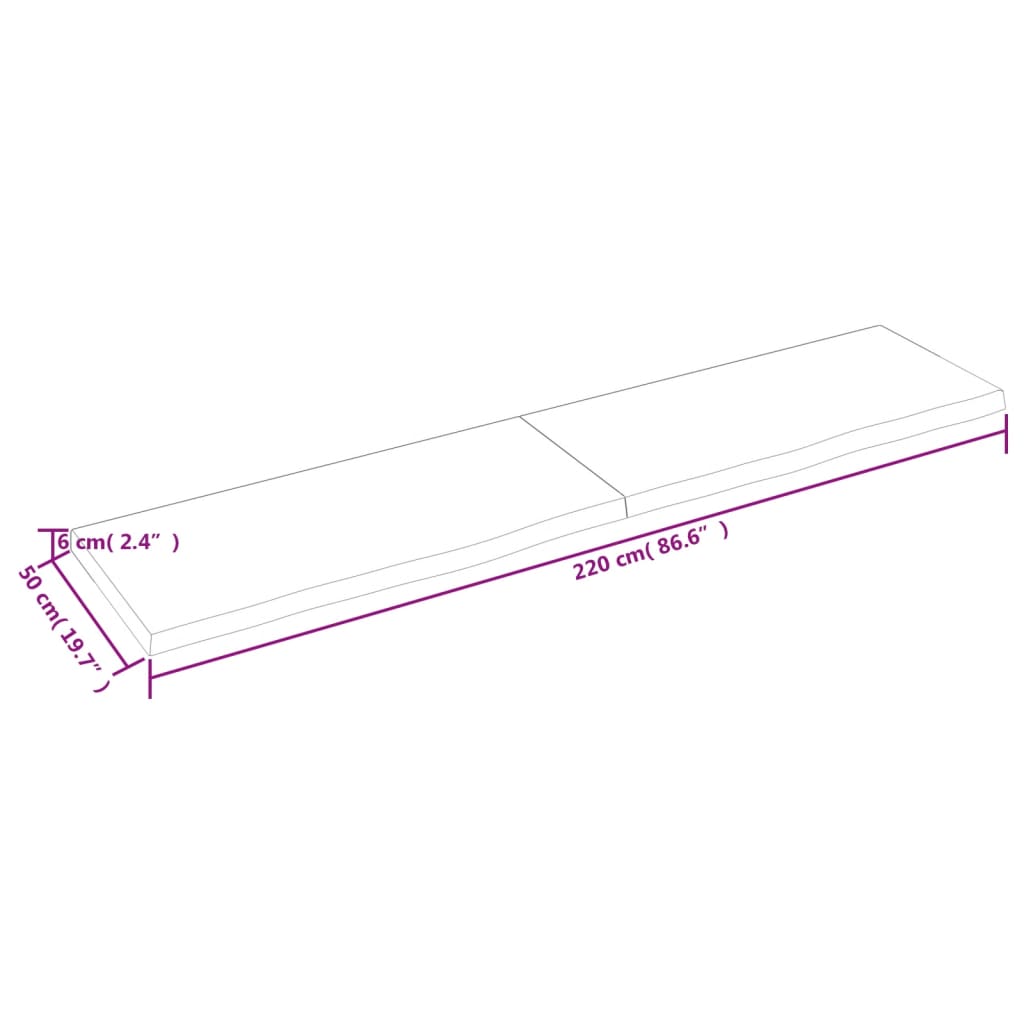 Ripiano a Parete 220x50x(2-6) cm Massello Rovere Non Trattato