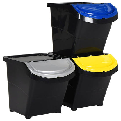 Cestini per Rifiuti Impilabili con Coperchi 3pz Neri in PP 78 L | homemem39