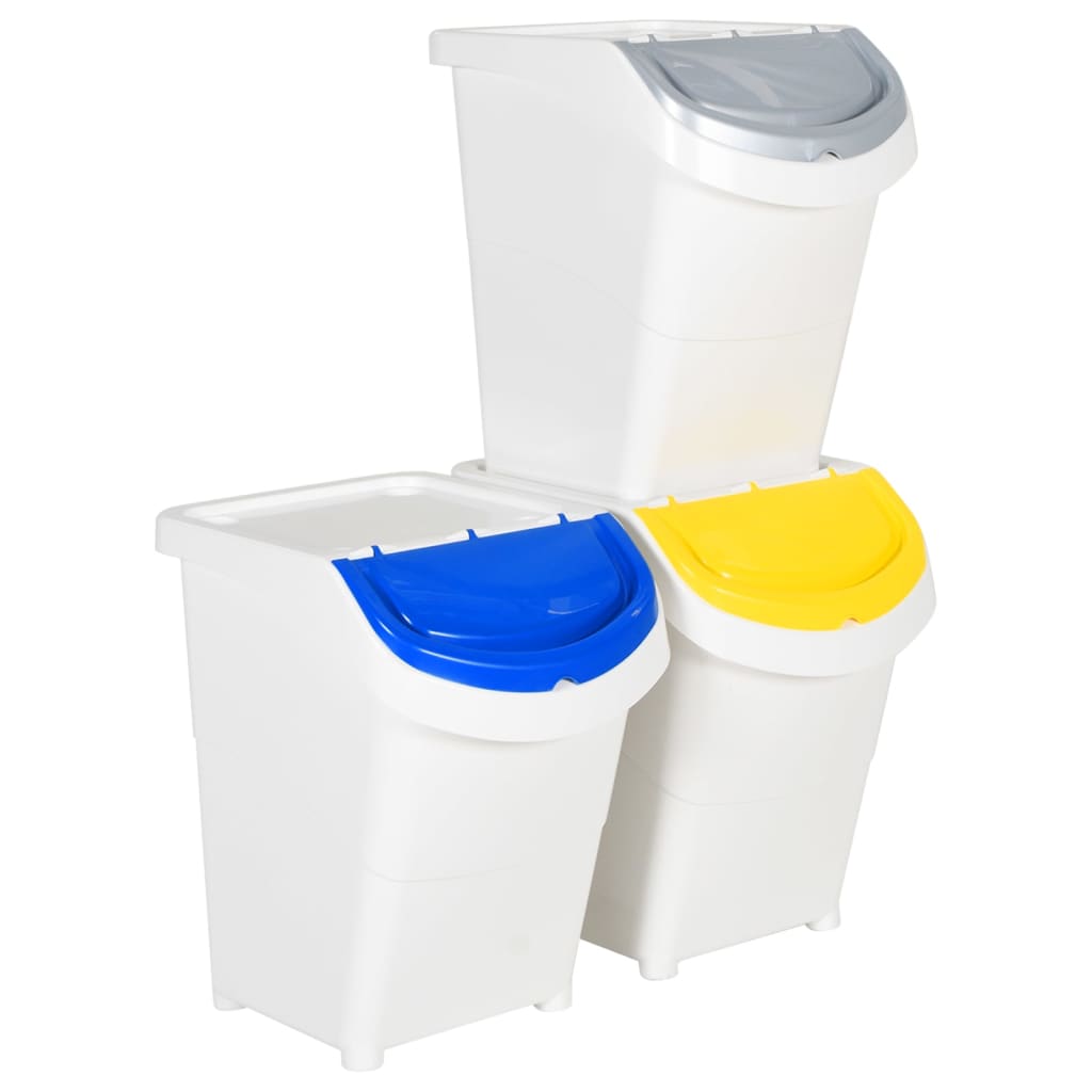 Cestini per Rifiuti Impilabili con Coperchi 3pz Bianchi PP 120L | homemem39