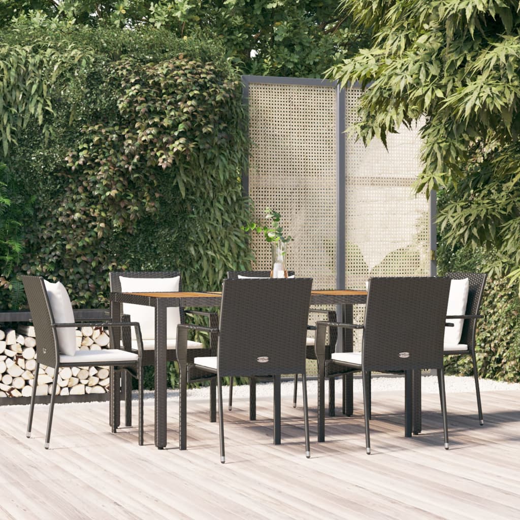 Set da Pranzo da Giardino 7 pz Nero con Cuscini in Polyrattan - homemem39