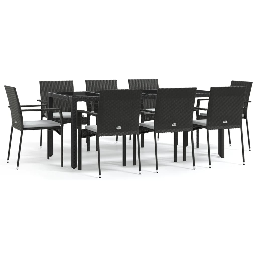 Set da Pranzo da Giardino 9 pz con Cuscini Nero in Polyrattan - homemem39