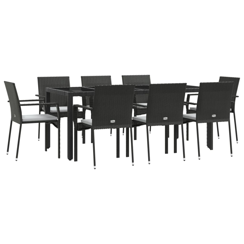Set da Pranzo da Giardino 9 pz con Cuscini Nero in Polyrattan - homemem39