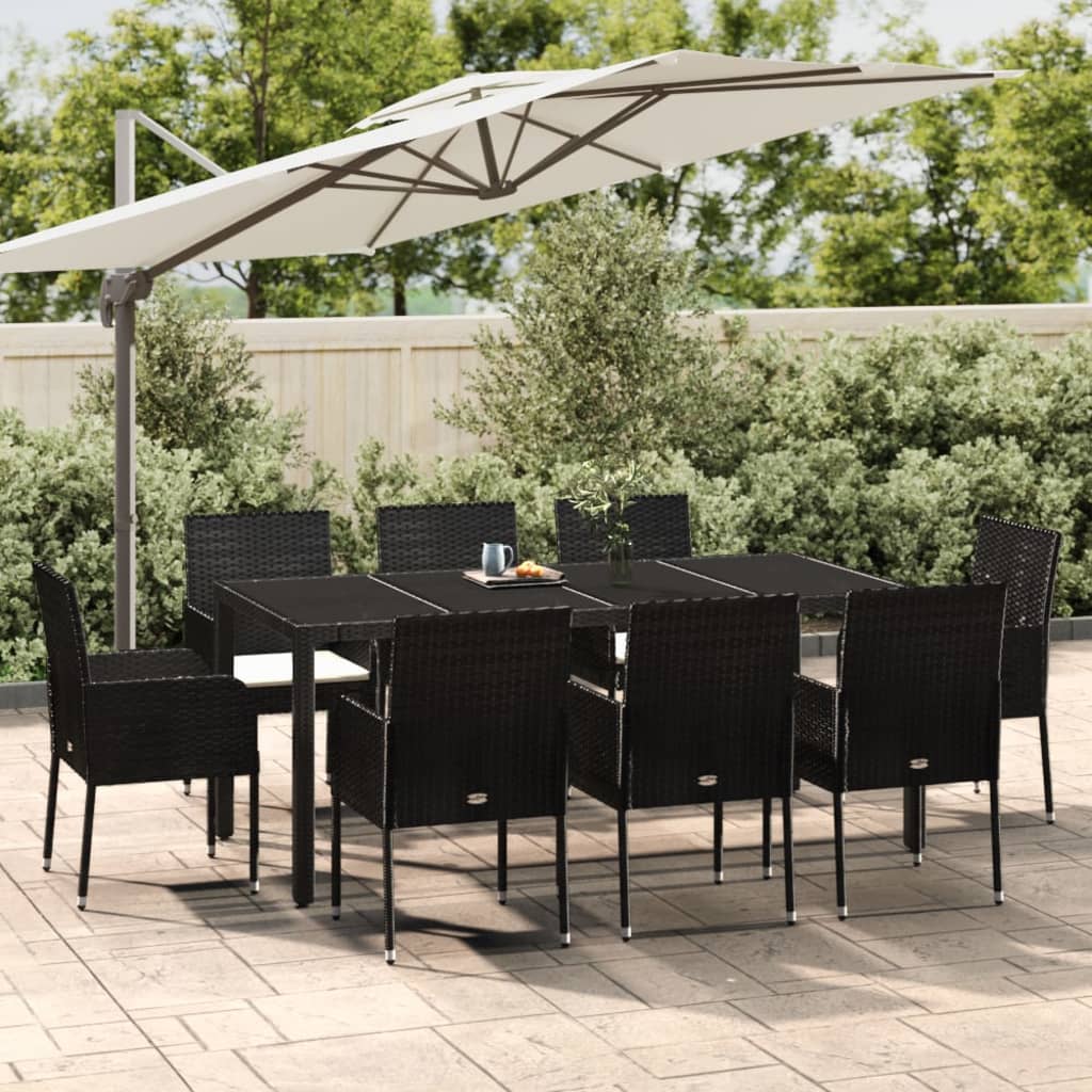 Set da Pranzo da Giardino 9 pz con Cuscini Nero in Polyrattan - homemem39