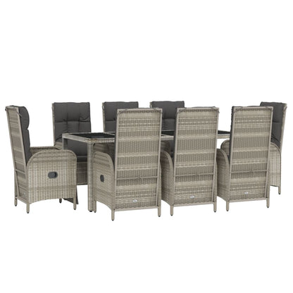 Set da Pranzo da Giardino 9 pz con Cuscini in Polyrattan Grigio