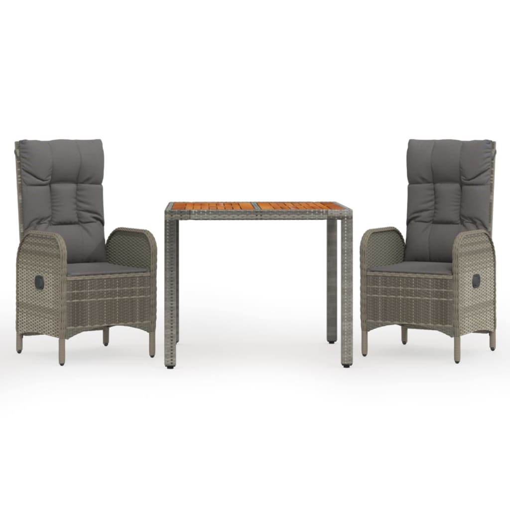 Set da Pranzo da Giardino 3 pz con Cuscini in Polyrattan Grigio