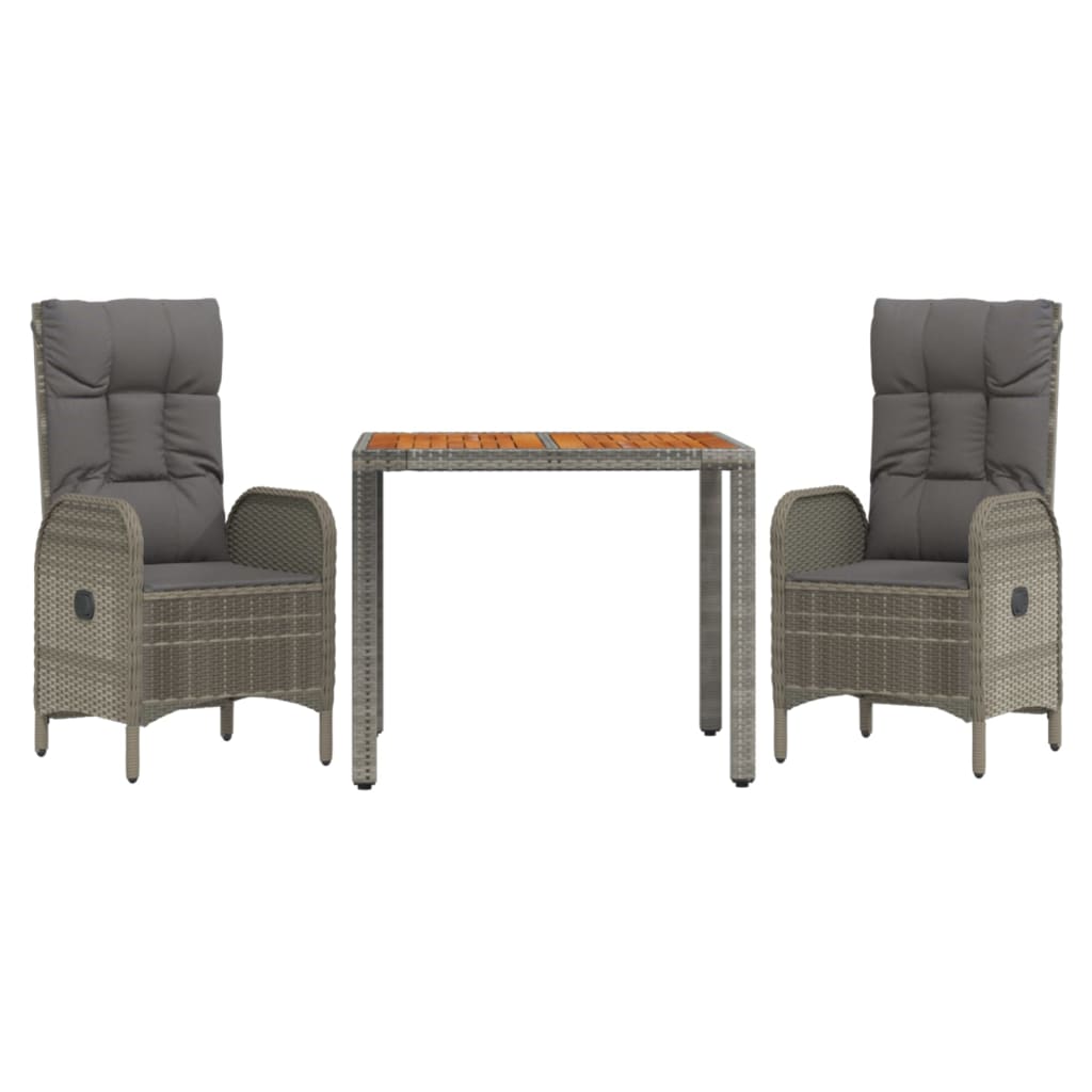 Set da Pranzo da Giardino 3 pz con Cuscini in Polyrattan Grigio