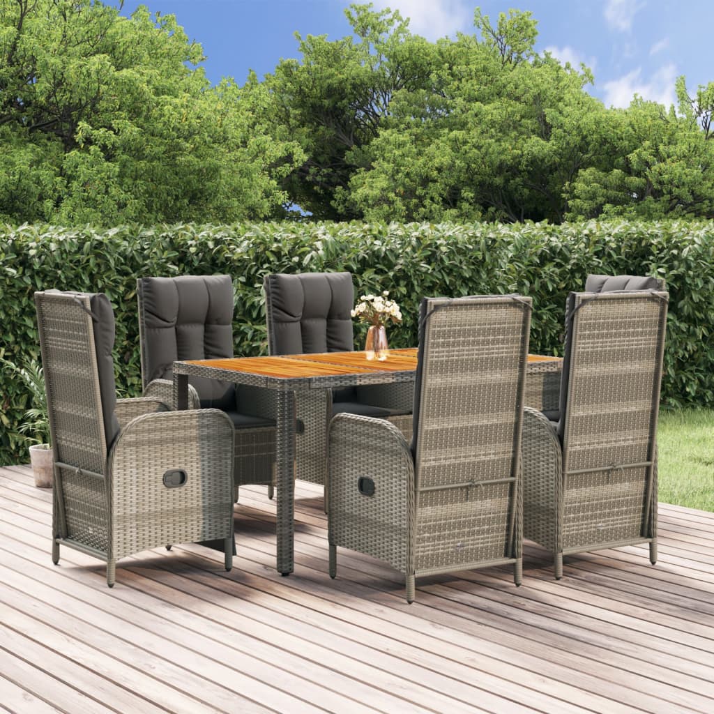 Set da Pranzo da Giardino 7 pz con Cuscini in Polyrattan Grigio