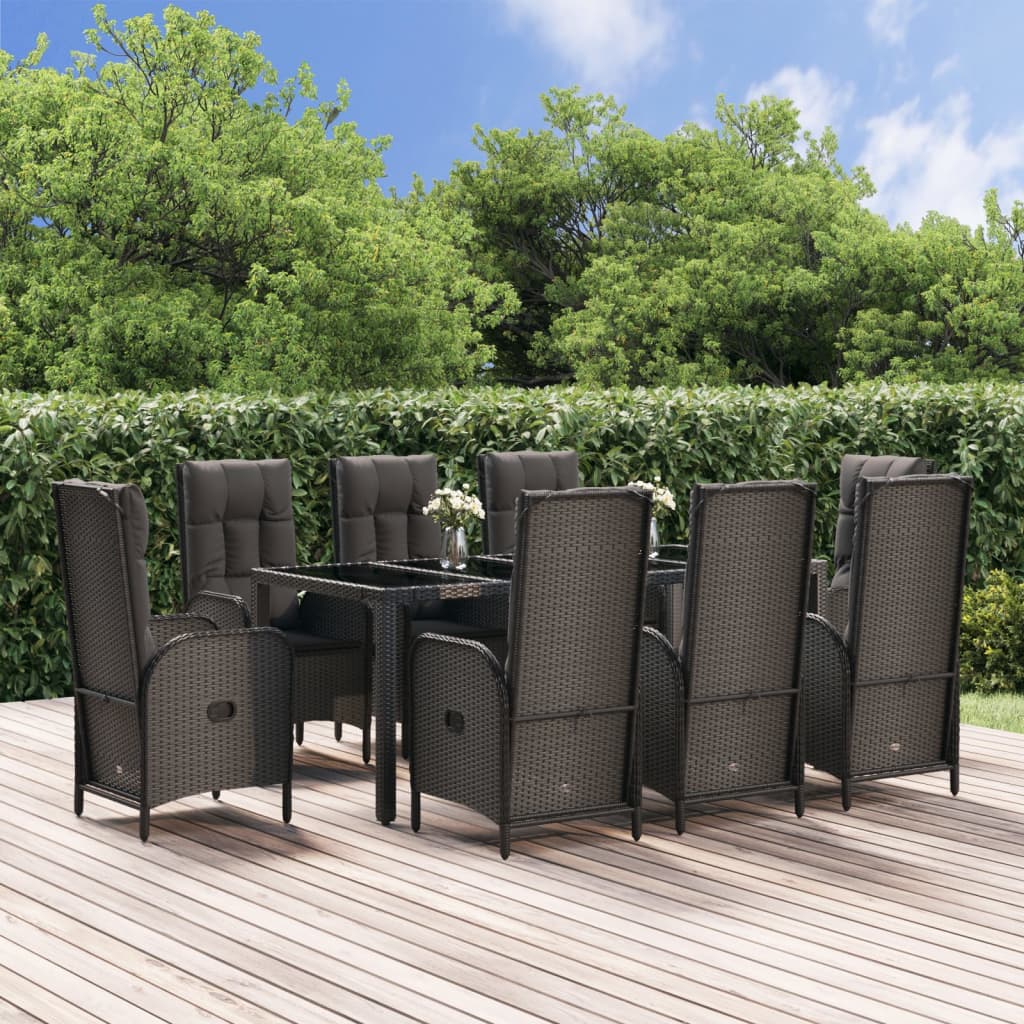 Set da Pranzo Giardino 9pz con Cuscini Nero e Grigio Polyrattan - homemem39