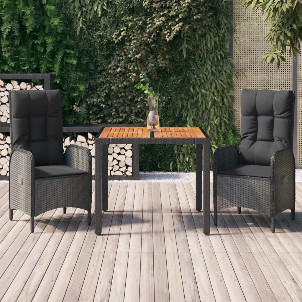 Set da Pranzo da Giardino 3 pz con Cuscini Nero in Polyrattan - homemem39