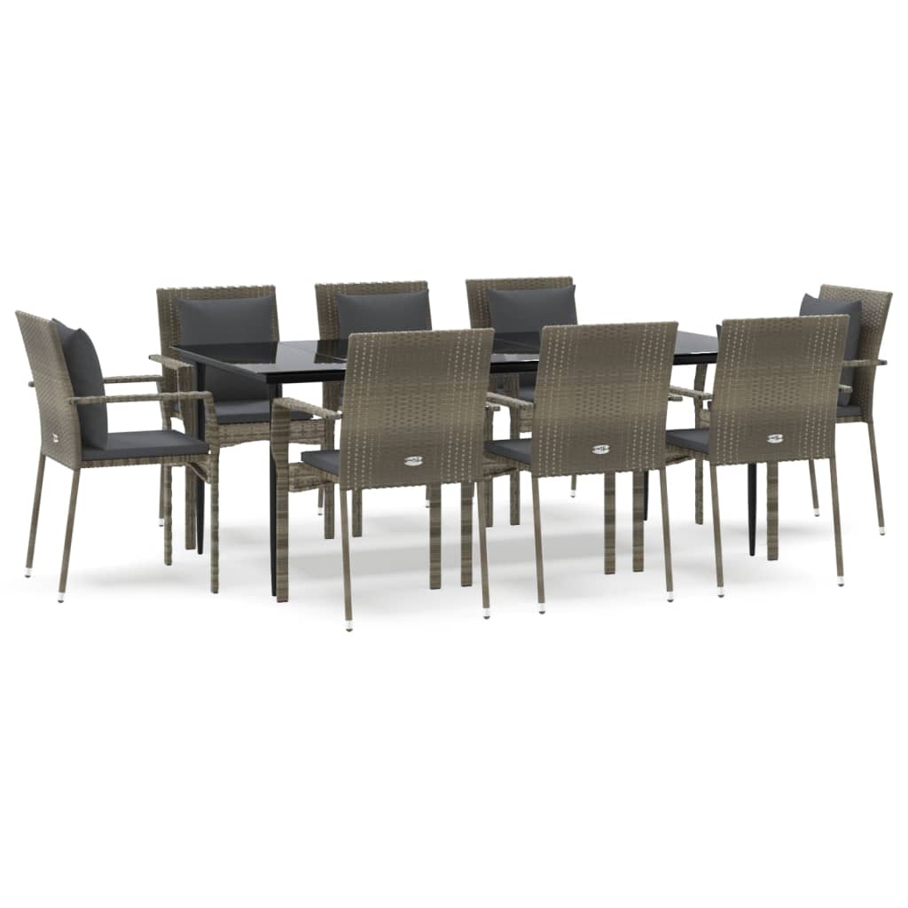 Set da Pranzo Giardino 9pz con Cuscini Nero e Grigio Polyrattan - homemem39