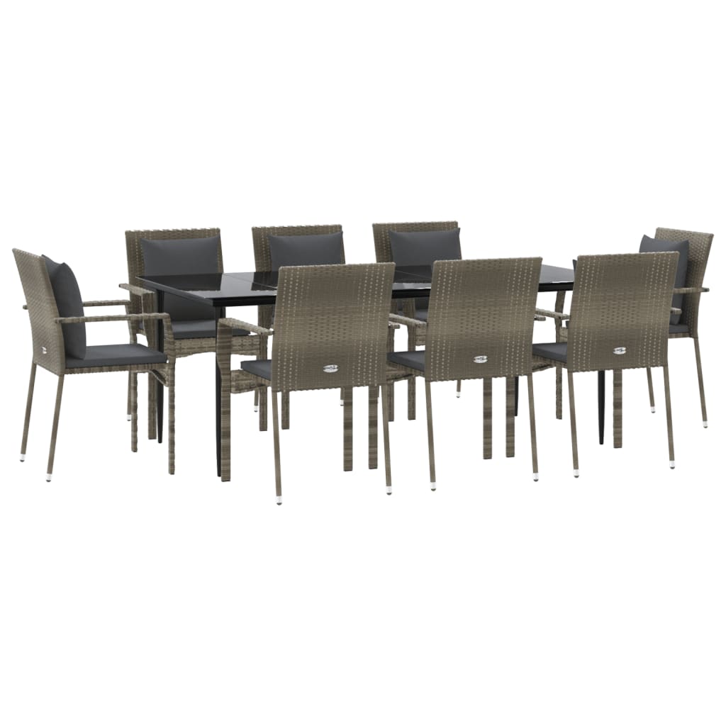 Set da Pranzo Giardino 9pz con Cuscini Nero e Grigio Polyrattan - homemem39