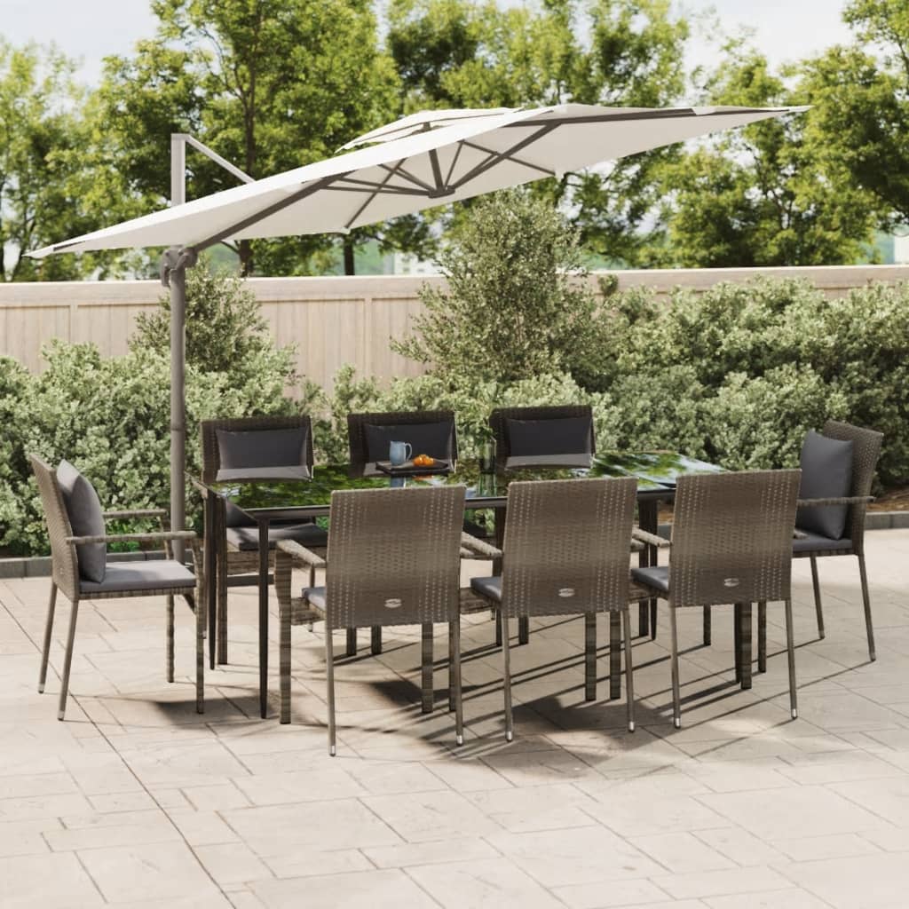 Set da Pranzo Giardino 9pz con Cuscini Nero e Grigio Polyrattan - homemem39