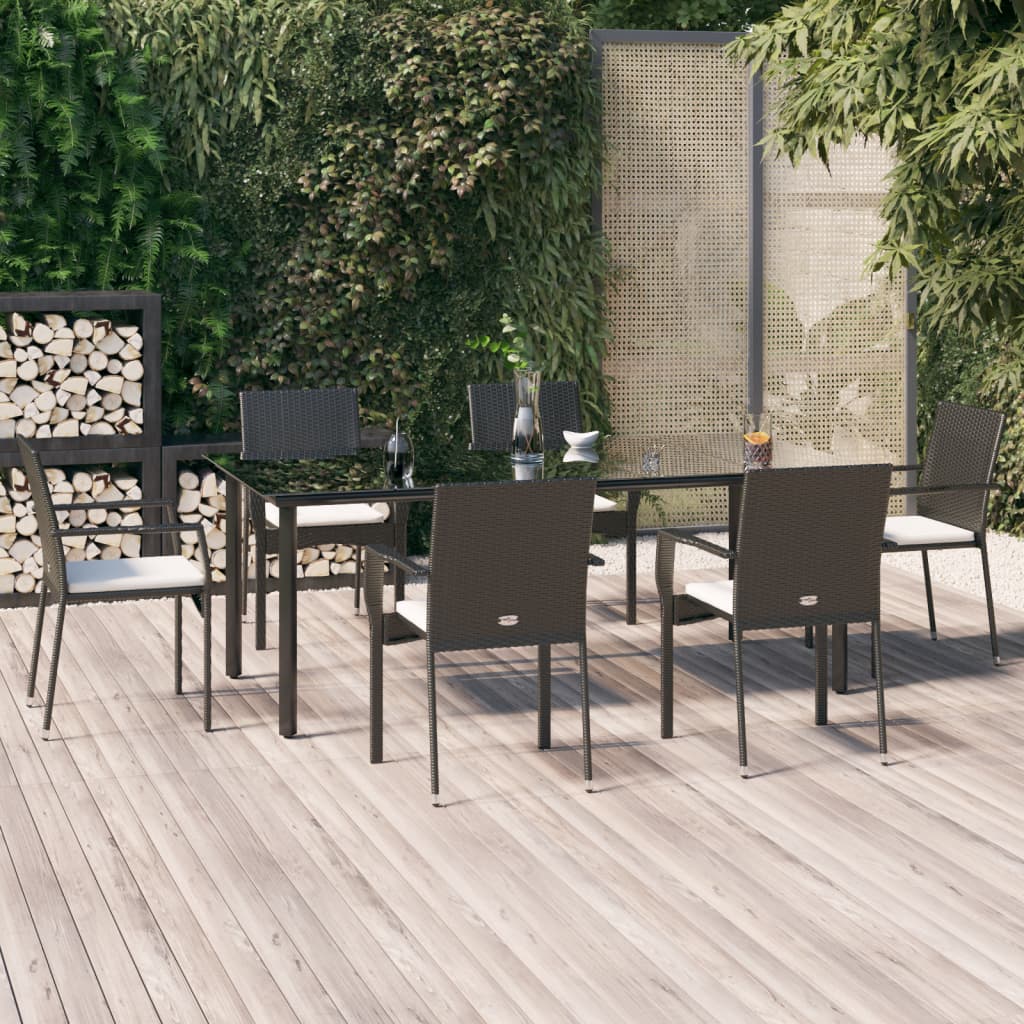 Set da Pranzo da Giardino 7 pz Nero con Cuscini in Polyrattan - homemem39