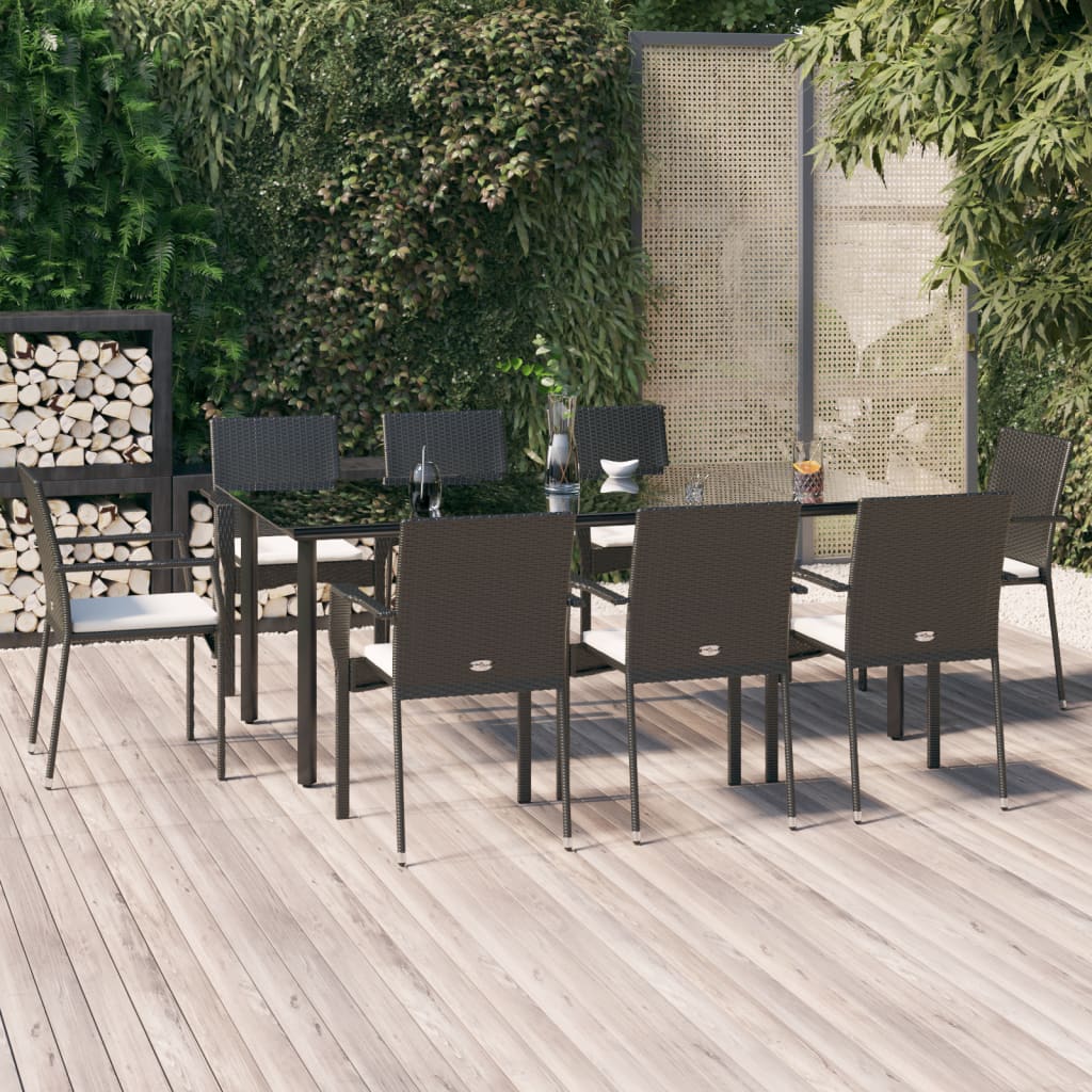 Set da Pranzo da Giardino 9 pz con Cuscini Nero in Polyrattan - homemem39