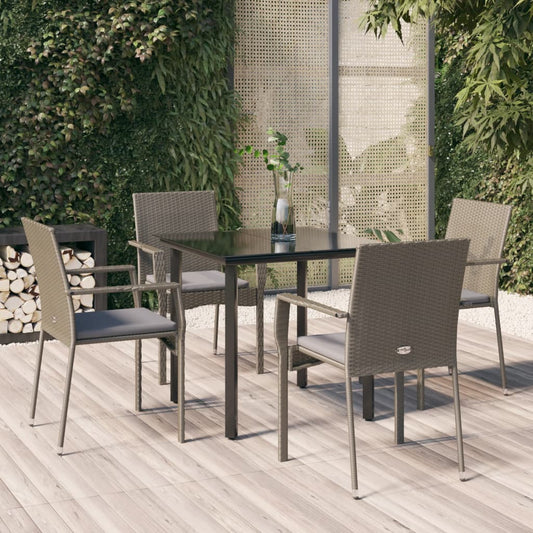 Set da Pranzo Giardino 5pz Nero e Grigio con Cuscini Polyrattan - homemem39