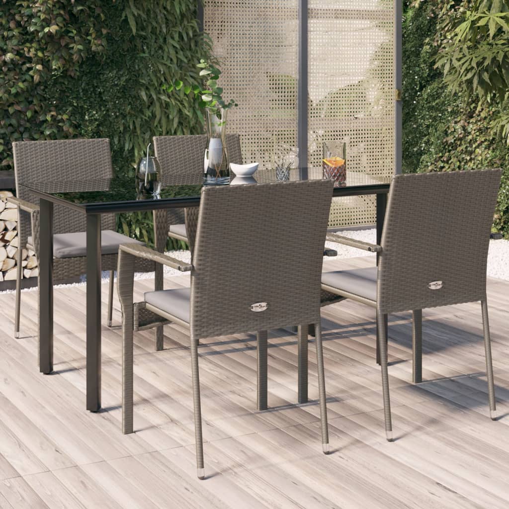 Set da Pranzo Giardino 5pz Nero e Grigio con Cuscini Polyrattan - homemem39