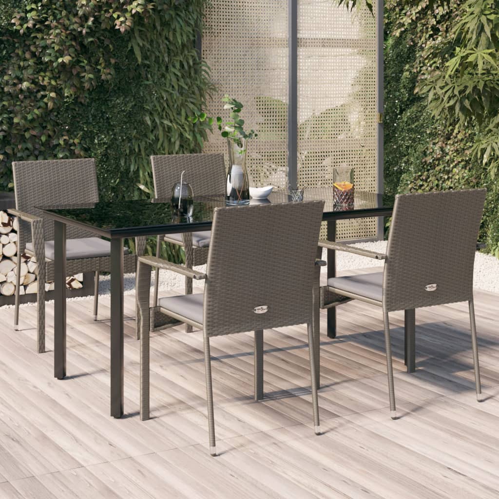 Set da Pranzo Giardino 5pz Nero e Grigio con Cuscini Polyrattan | homemem39