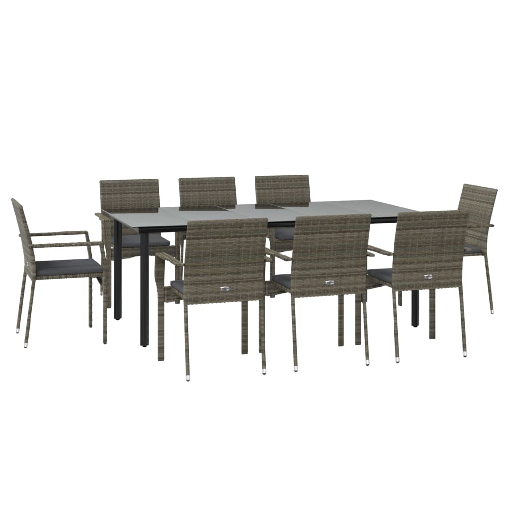 Set da Pranzo Giardino 9pz con Cuscini Nero e Grigio Polyrattan - homemem39