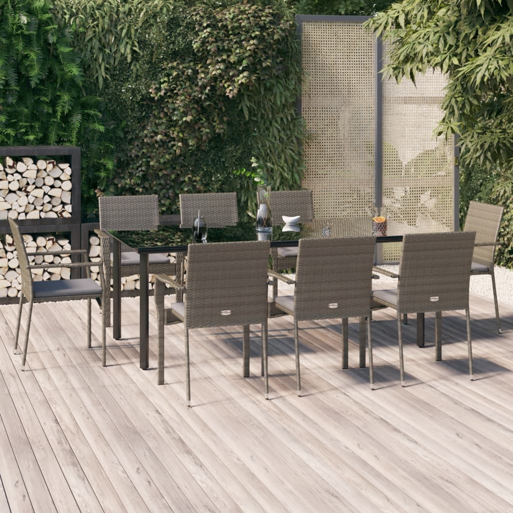 Set da Pranzo Giardino 9pz con Cuscini Nero e Grigio Polyrattan - homemem39
